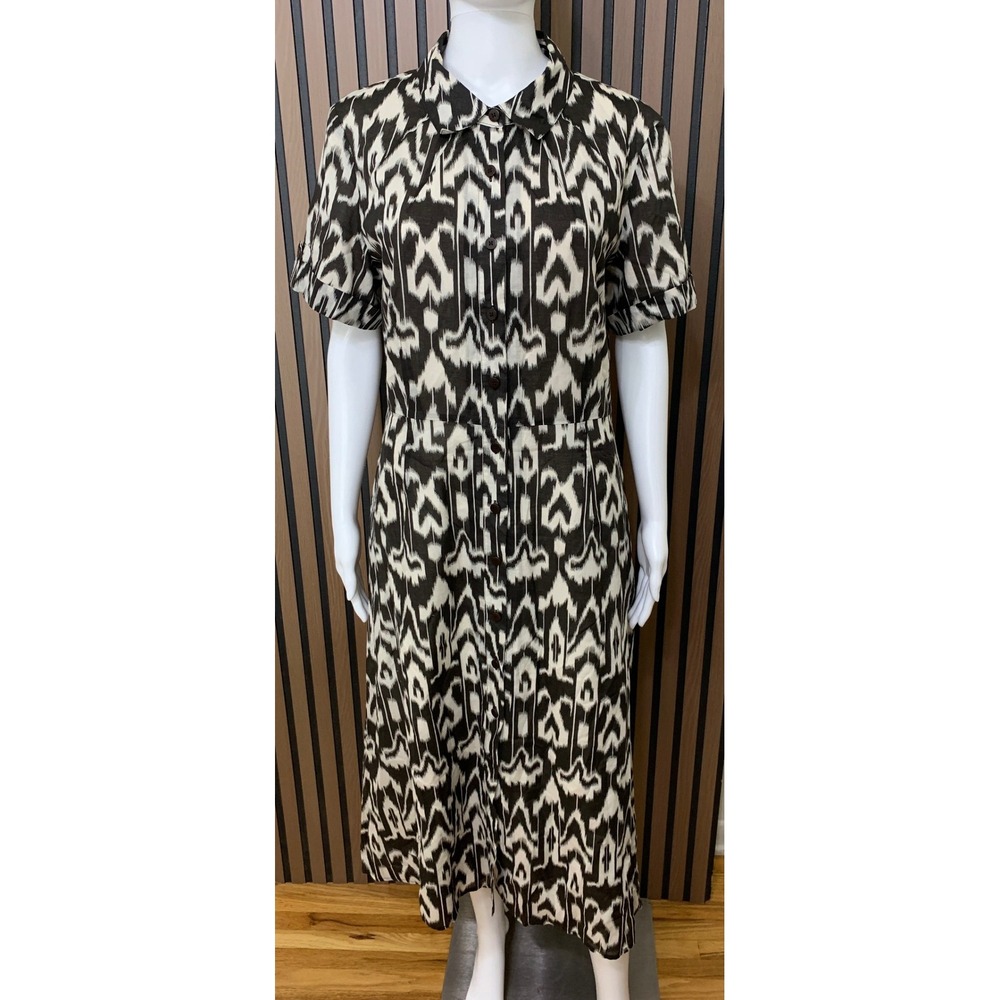 Talbots Black White Ikat Cotton Shirt Dress Short Sleeve Midi Button Front 14